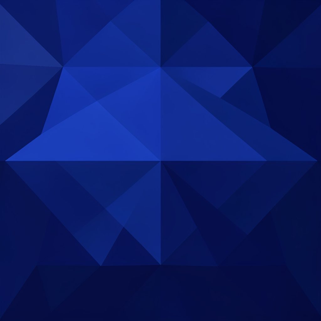 Dark atmospheric scene with deep navy and indigo tones, soft radial glow at center, low-poly faceted geometric planes converging into an abstract waveform silhouette.