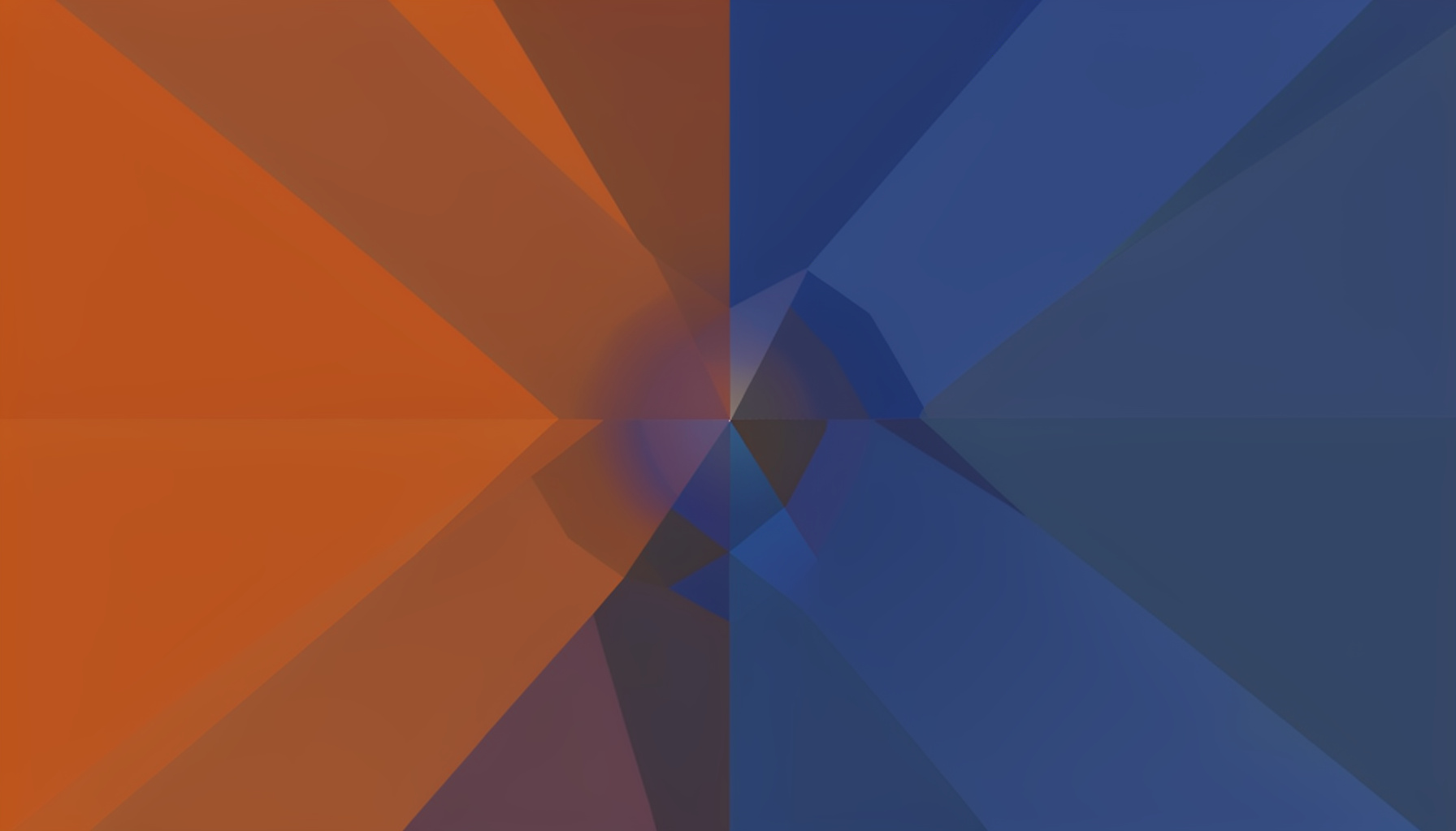 Abstract low-poly composition in burnt orange and slate gray, faceted shapes converging toward a central glow