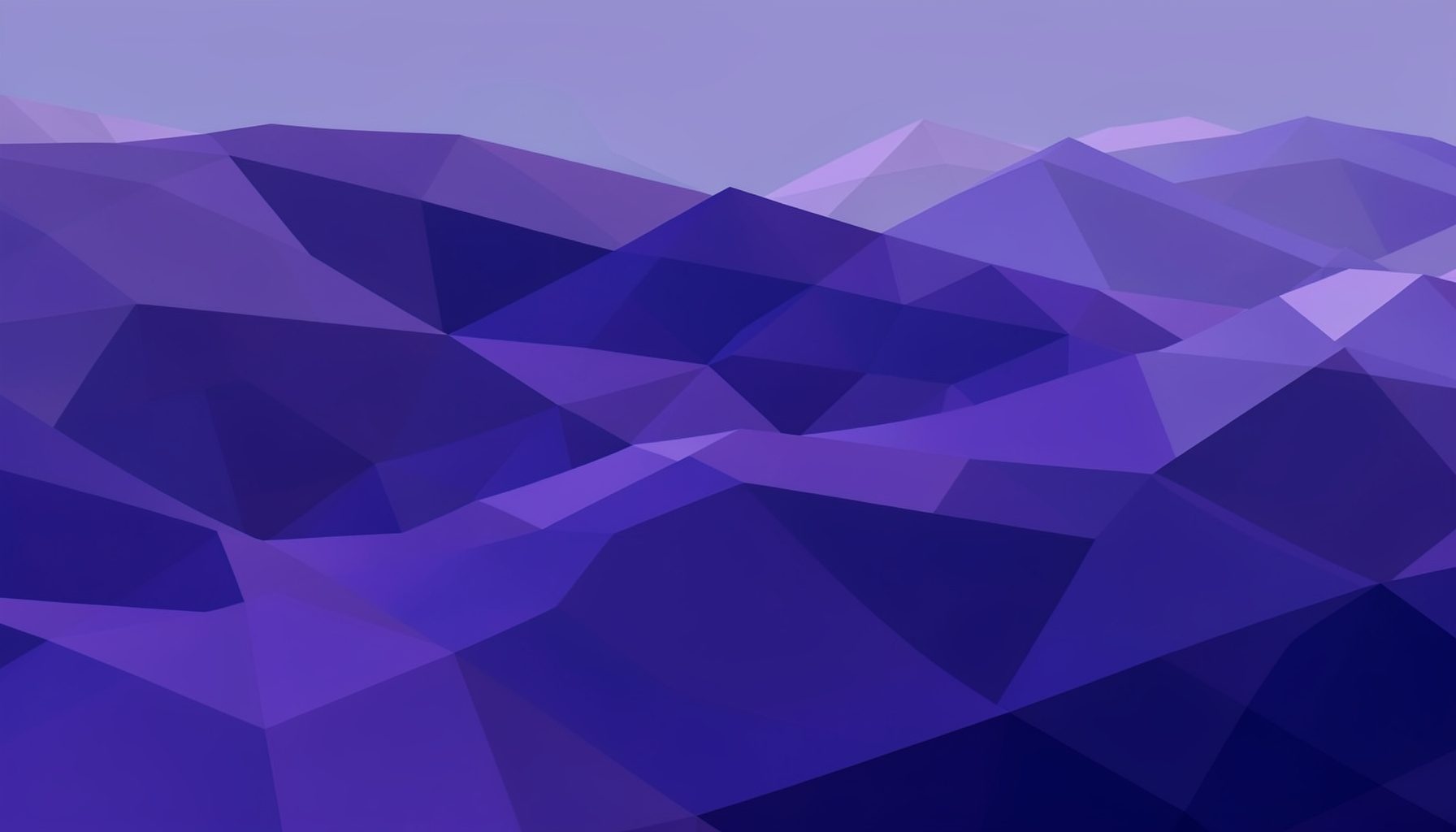 Low-poly geometric landscape in deep violet and soft lavender, layered angular forms creating depth and motion