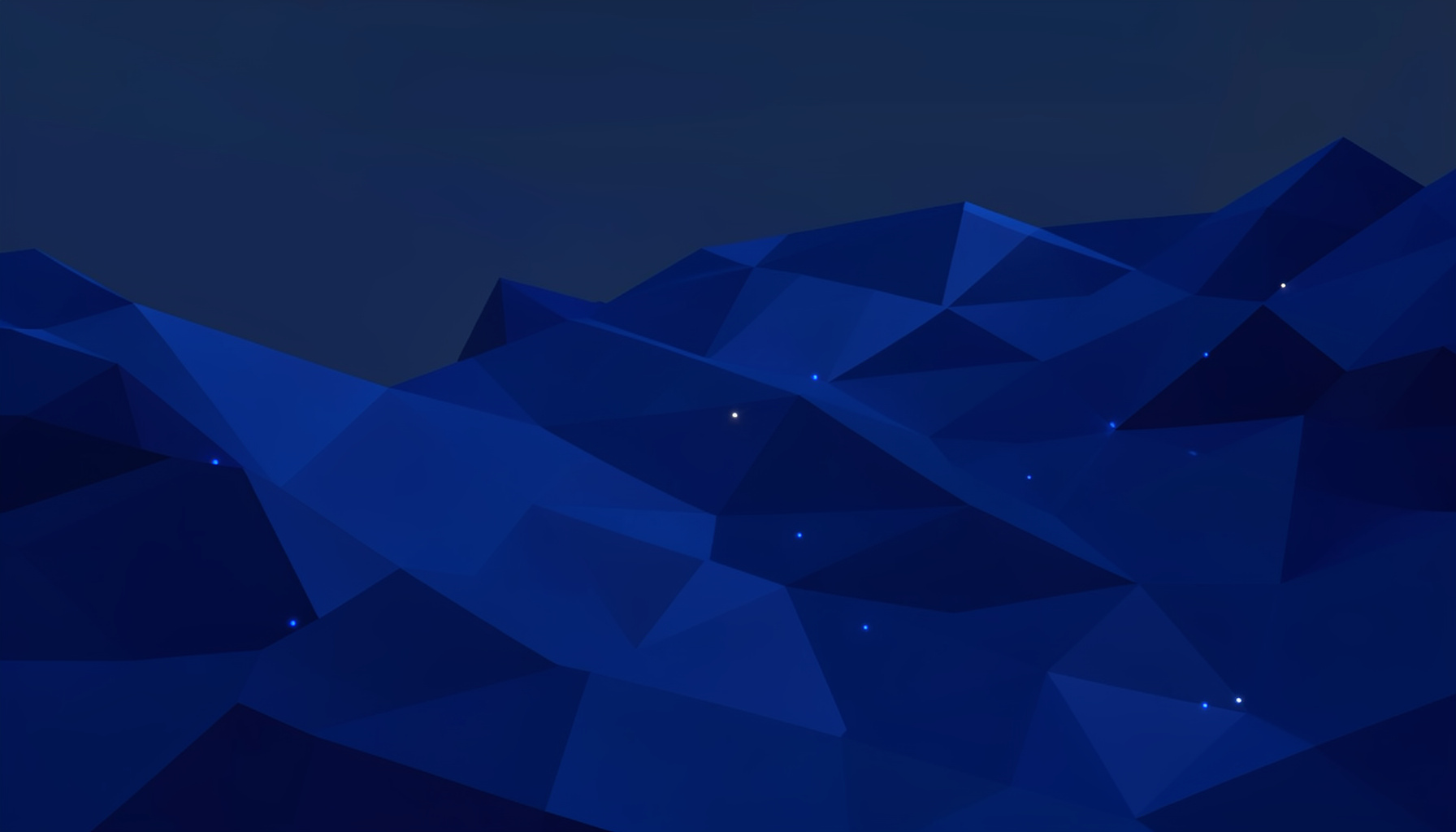 Dark blue abstract geometric landscape with faceted low-poly surfaces and subtle glowing nodes